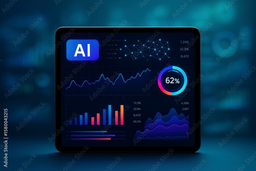 Poster tablet displaying ai data with charts graphs and sixty two percent circle