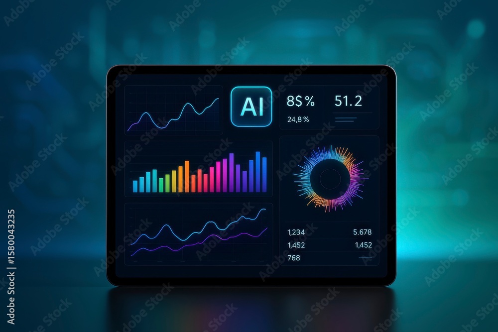 tablet displaying ai dashboard with charts and data visualizations