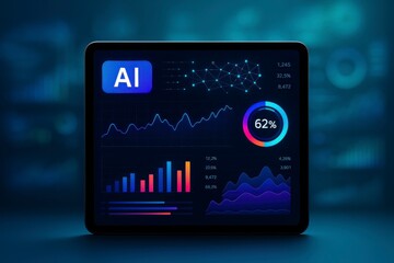 Tablet displaying ai data with charts graphs and sixty two percent circle