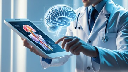 AI-Powered Healthcare: Doctor using futuristic tablet for brain and anatomy analysis, smart medical 