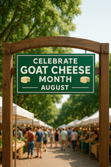 Fototapeta premium Stylish market arch with August cheese promotion sign in colorful outdoor scene
