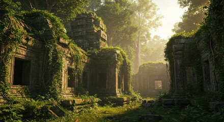 Ancient Temple Ruins Enshrouded in Lush Jungle Vegetation, Golden Light