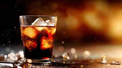 Refreshing glass of cola with ice cubes, splashes of liquid around, set against a warm, blurred background creating a vibrant atmosphere - Powered by Adobe