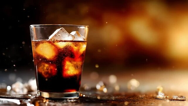 Refreshing glass of cola with ice cubes, splashes of liquid around, set against a warm, blurred background creating a vibrant atmosphere