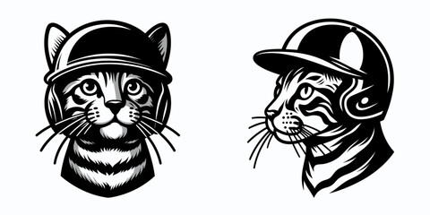 Obraz premium Bengal Cat with baseball helmet. Football Sports Ball Game silhouette Clipart Line Art Vector Illustration. Cute feline headgear for play or sport activity.