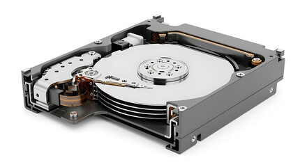 Internal view of an open hard disk drive (HDD) on a white background, revealing platters and read/write heads for data storage and technology