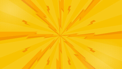 Yellow comic book background with radiating lines and lightning bolts. Perfect for superhero themed designs, children's books, and energetic branding projects.