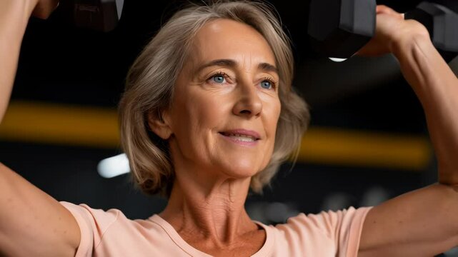 Mature woman lifting dumbbell weight with focused expression during gym exercise fitness workout session for strength and health
