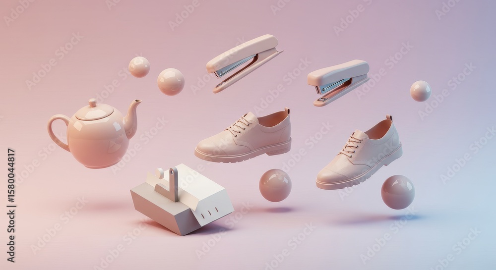 Fototapete surreal composition of everyday objects floating in a gradient pastel studio setting