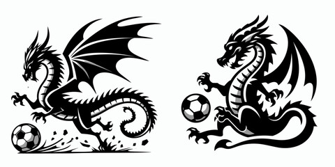 Dragon play soccer. Football Sports Ball Game silhouette Clipart Line Art Vector Illustration. Reptile do sport mythical beast kick a in friendly match activity.