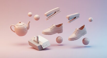Surreal composition of everyday objects floating in a gradient pastel studio setting