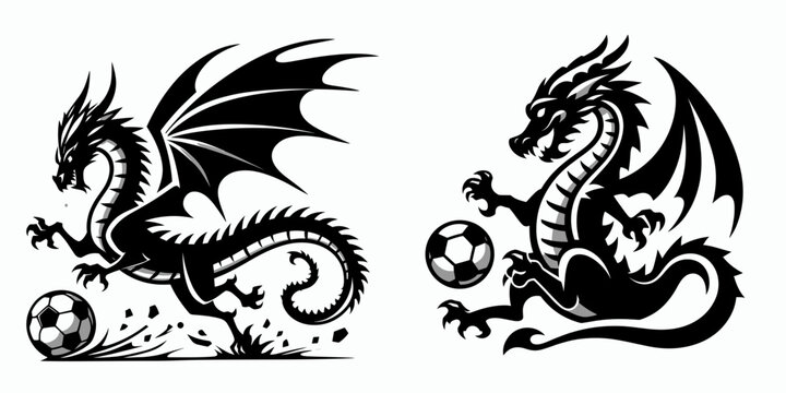 Fototapeta Dragon play soccer. Football Sports Ball Game silhouette Clipart Line Art Vector Illustration. Reptile do sport mythical beast kick a in friendly match activity.