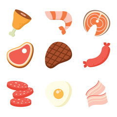 Meat and Protein Food Icons – Flat Vector Set of Steak, Sausage, Egg, Shrimp, Bacon, and Salmon for Cooking, BBQ, Breakfast, and Food Illustration Design