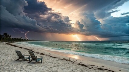A breathtaking sunset casts a warm glow over the tranquil beach, with vibrant hues reflecting on the ocean's gentle waves and expansive sky