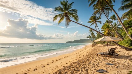 Tropical beach paradise with palm trees, turquoise sea, and golden sand
