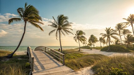 A vibrant sunset casts a golden glow over a tropical beach, with palm trees silhouetted against the serene sky and the ocean gently lapping the sandy coast