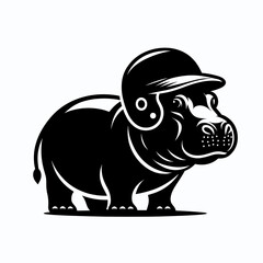 Obraz premium Pygmy hippo with baseball helmet. Football Sports Ball Game silhouette Clipart Line Art Vector Illustration. Tiny African water horse wearing head protection for athletic.