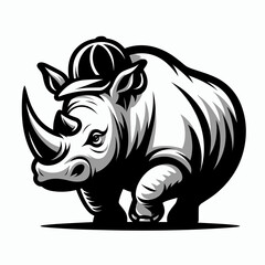 Rhino with baseball helmet. Football Sports Ball Game silhouette Clipart Line Art Vector Illustration. Large horned mammal wearing head protection for activity.