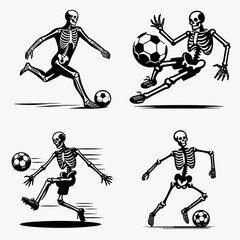 skeleton play soccer. Football Sports Ball Game silhouette Clipart Line Art Vector Illustration. Bony figure do sport human remain kick in a situation.