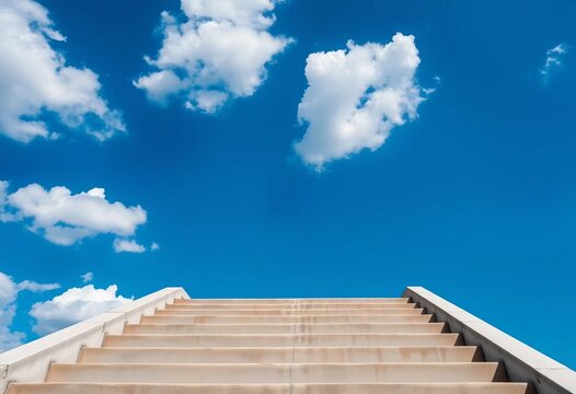 Concrete stairs ascend towards a vibrant blue sky dotted with fluffy white clouds,  abstract,  concrete