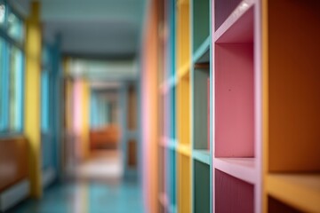 Colorful corridor with built-in shelves