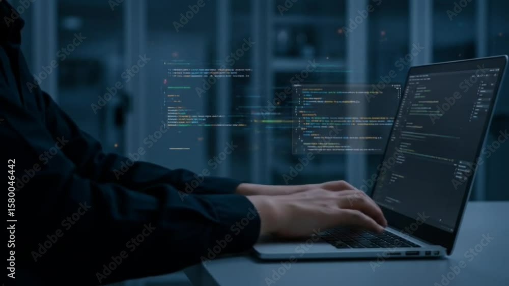 Aufkleber person typing code on a laptop in a dark room with server racks visible in the background area view