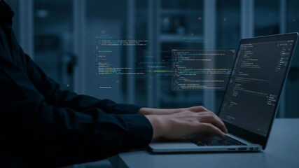 Person typing code on a laptop in a dark room with server racks visible in the background area view - Powered by Adobe