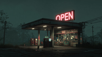 Analog horror style, deserted gas station on an old highway, flickering neon "OPEN" sign