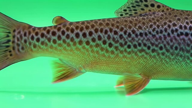 Detailed Close-up of Brown Trout Body with Distinctive Spots on Green Background