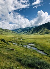 Naklejka premium Lush valley with winding stream under a partly cloudy sky