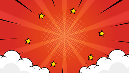 Red comic book background with stars and clouds for dynamic designs. Suitable for superhero themed graphics, party invitations or children's book illustrations.