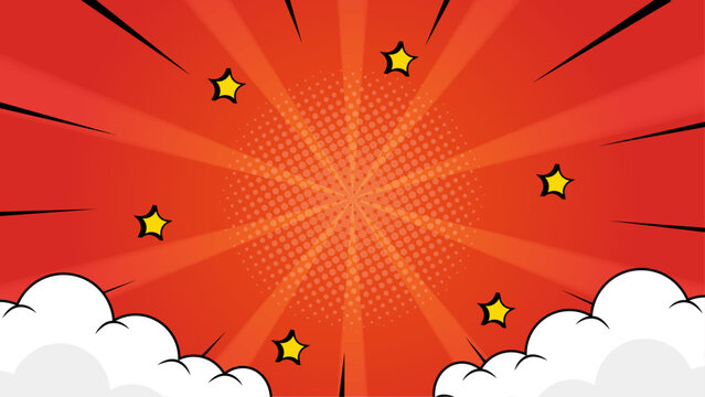 Red comic book background with stars and clouds for dynamic designs. Suitable for superhero themed graphics, party invitations or children's book illustrations.