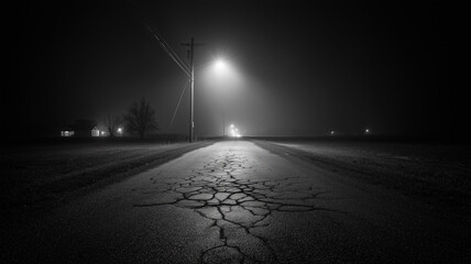 Analog horror style, foggy rural road at night, cracked asphalt, single broken streetlight casting dim cone of light