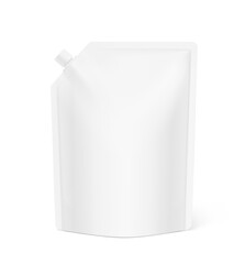 Realistic stand pouch bag with corner spout mockup. Vector illustration isolated on white background. Front view. Can be use for template your design, presentation, promo, ad. EPS10.