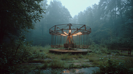 Analog horror style, misty forest clearing at dawn, old playground partially overgrown with weeds