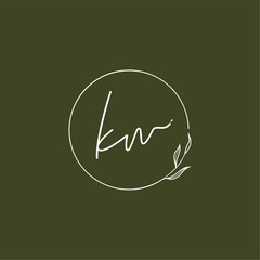 K Kw letter calligraphy minimal monogram with circle leaf ornament logo. Decorative elements for design. Vintage and rustic styles. Hand drawn floral wreath