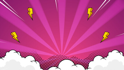 Pink comic book background with yellow lightning bolts and clouds. Perfect for comic book covers, posters, or superhero themed designs. Great for children's products.
