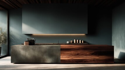 Modern, minimalist kitchen counter design with warm wood accents.