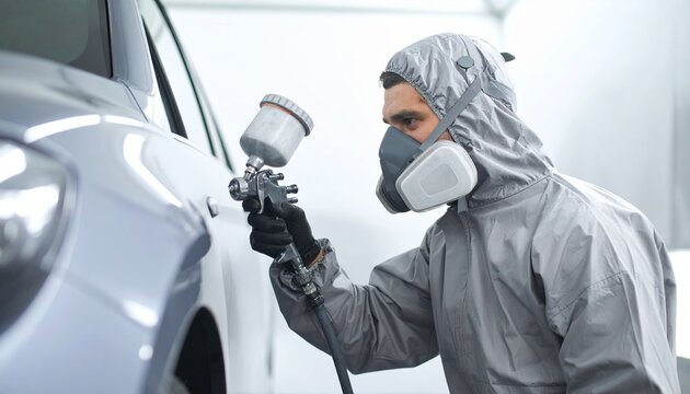 Mechanic worker in full protective gear paints a car grey inside a specialized spray booth - capturing precision, safety, and the professional process of automotive refinishing. - Powered by Adobe
