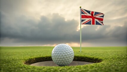 British Golf Golf Ball Near Hole with UK Flag, Short Grass Green
