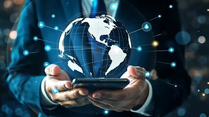 Businessman holding smartphone with digital globe and network connections in a blurred city background - Powered by Adobe