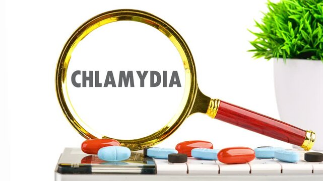 Animation of the word CHLAMYDIA on a gray background. The concept of health and viruses, Bacteria causing urinary tract infection, Sexually transmitted disease, doctor stethoscope