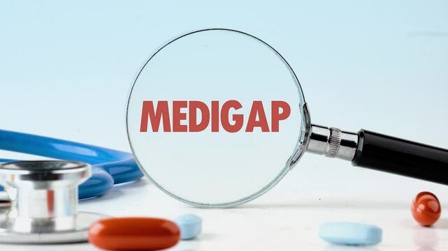 Animation of the word MEDIGAP through a magnifying glass on a blue background. The concept of health
