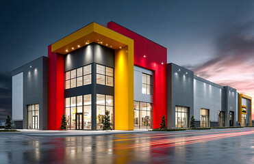 Exterior view of a modern building with colorful geometric shapes and glass entrance doors at daytime
