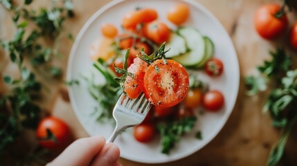 Forkful of sliced tomatoes and cucumber salad