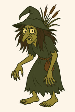 Kikimora, mythical creature with wild hair and green dress in folklore  
