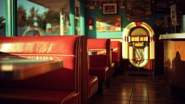 Vintage red booth diner with jukebox and morning sunlight