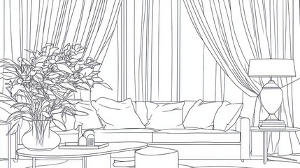 Fototapeta premium Interior sketch of a living room with sofa, plants, and curtains.