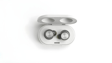 Pair of wireless earbuds mockup, placed in charging case, top view on a white background.