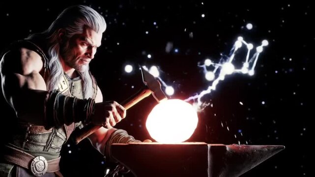 A muscular god or blacksmith forging a glowing orb on an anvil, creating sparks and lightning.